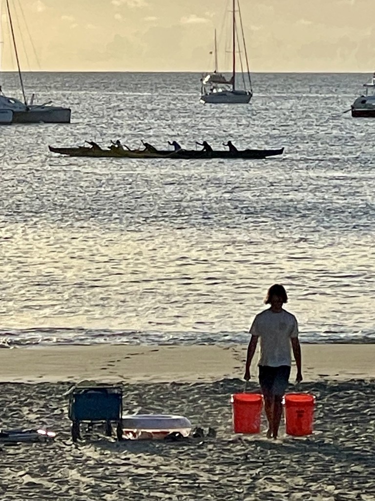 Even though we were on the beach, it was still a lot of work to carry two five-gallon buckets that weighed over 80 pounds each trip.